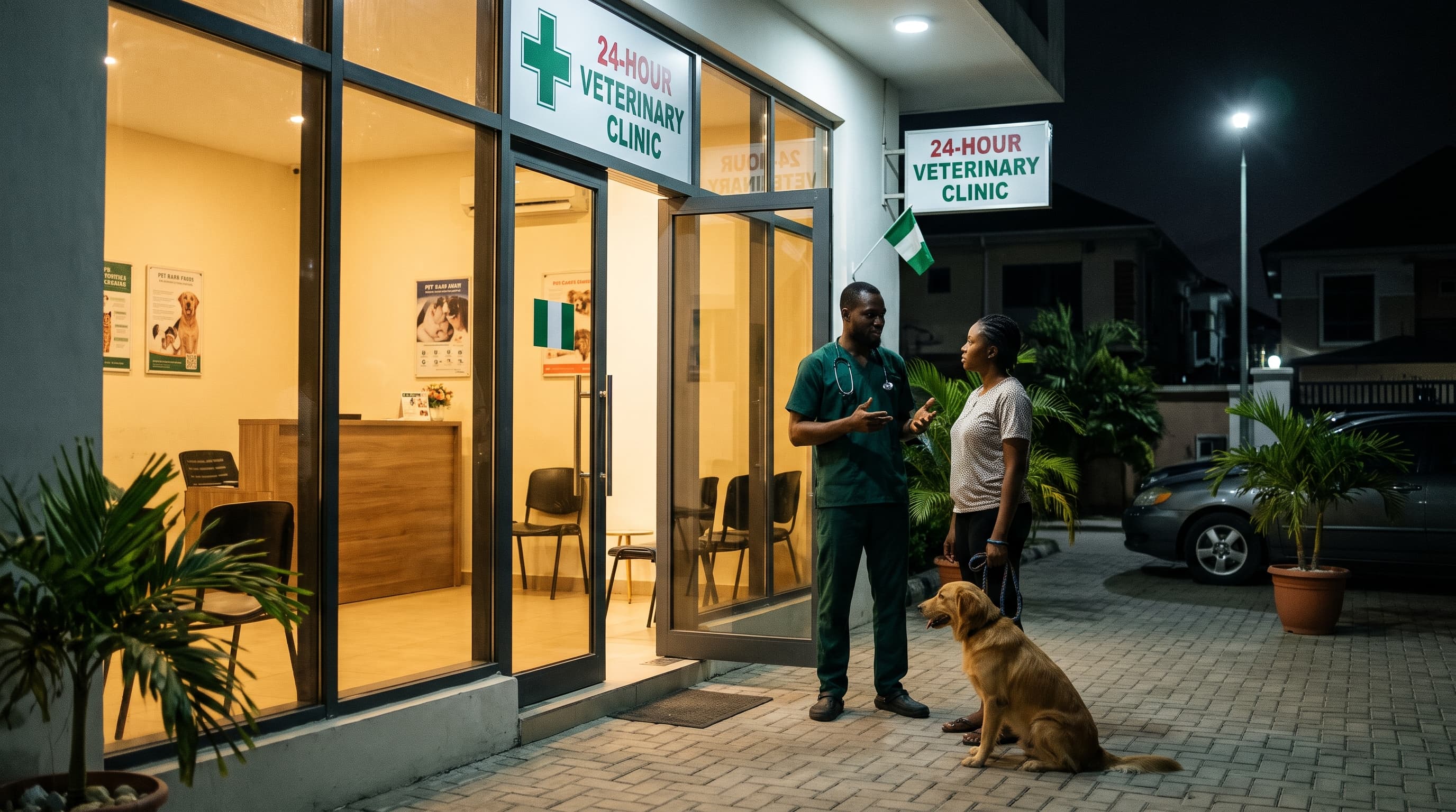 A modern 24-hour veterinary clinic at night in Nigeria. A Nigerian veterinarian in scrubs speaks reassuringly to a pet owner and her dog outside the glowing entrance.