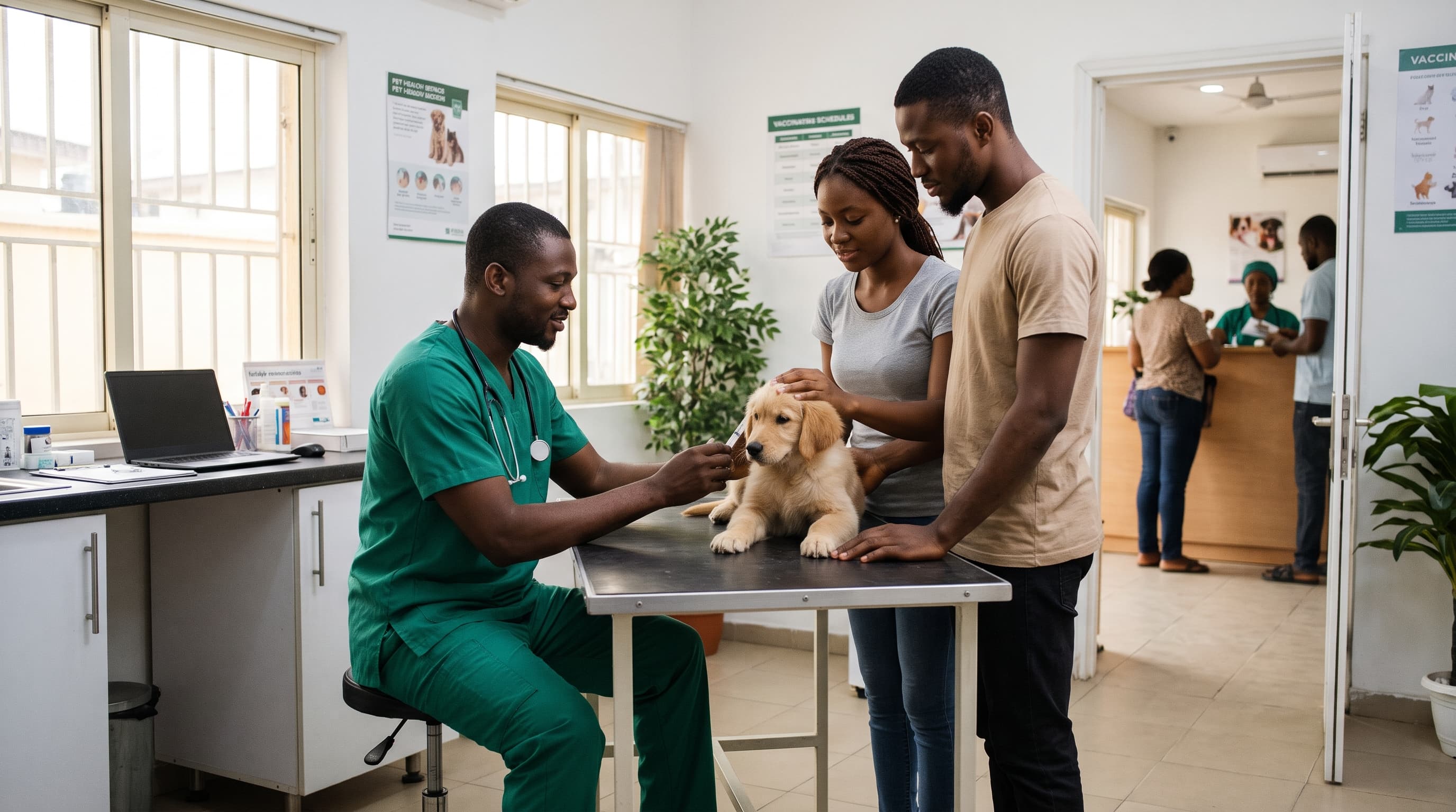 Nigerian veterinarian in a modern clinic examining a golden retriever puppy alongside its owners, representing a Complete Puppy Vaccine Schedule: 6 Weeks to 1 Year.