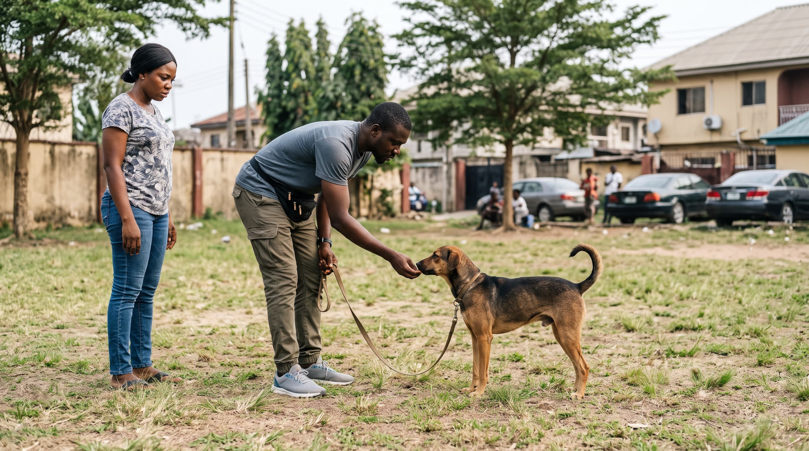 Nigerian dog trainer patiently working with a rescue dog in an outdoor yard in Nigeria, representing a Rescue Dog Behavioral Trainer Nigeria: How to Choose One for a Traumatised Rescue.