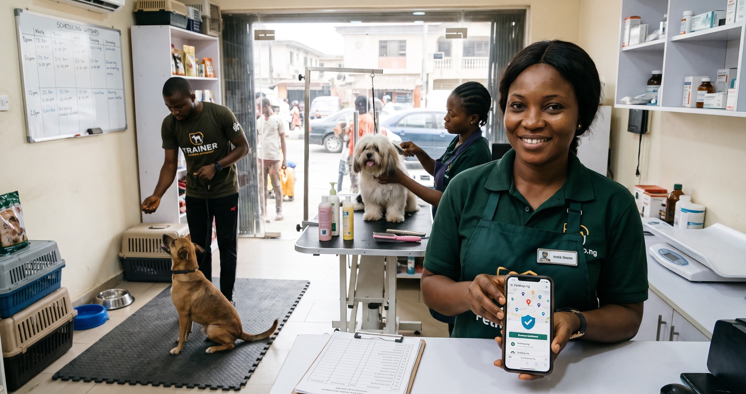 A Nigerian pet business owner holding a smartphone showing an online map listing, with a dog trainer and groomer working in the background.
