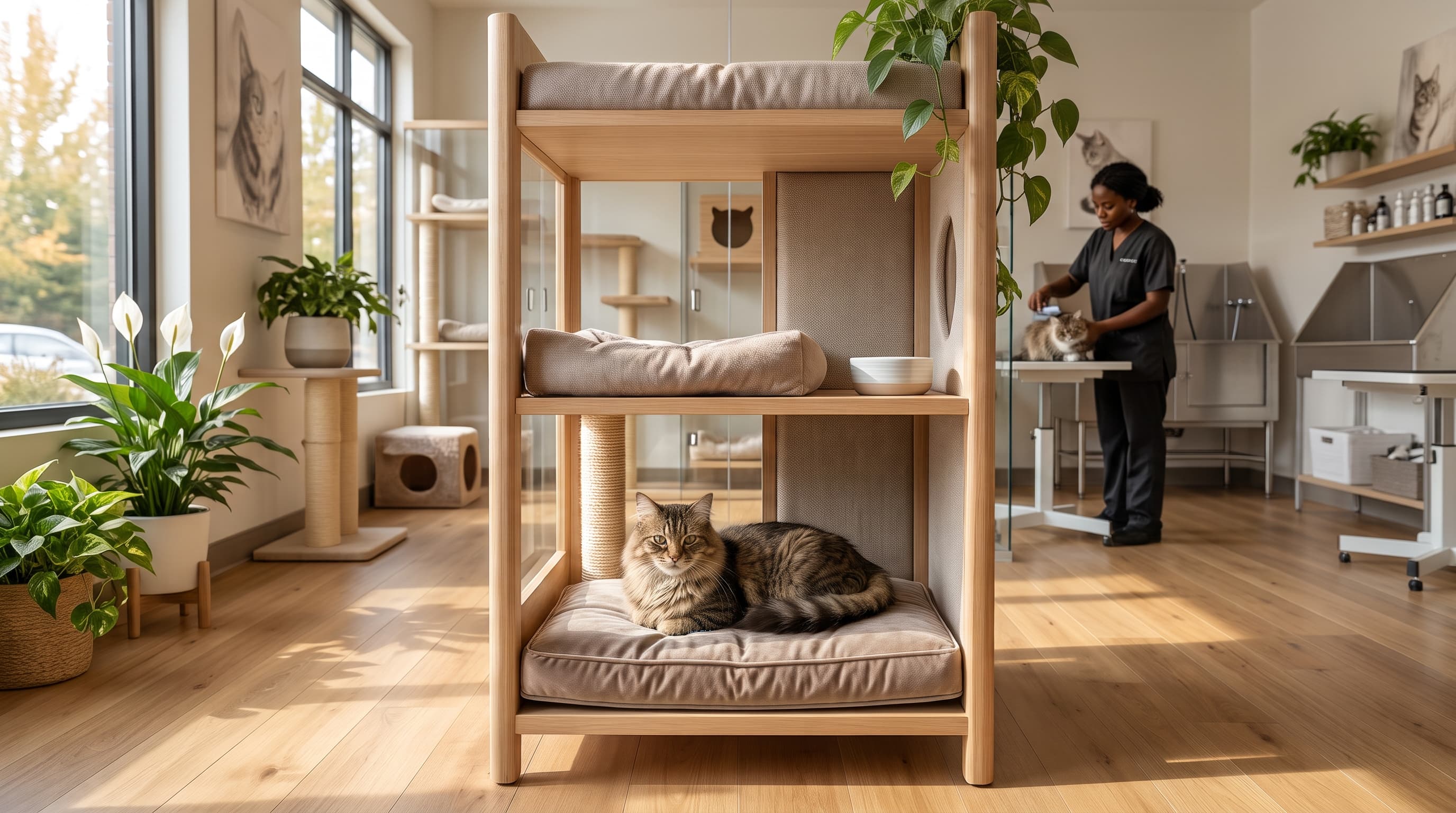 Photograph of a calm cat relaxing in a sunlit cat condo, representing a facility for cat boarding and grooming in Port Harcourt. In the background, a Nigerian female pet groomer is working in a warm, inviting space.