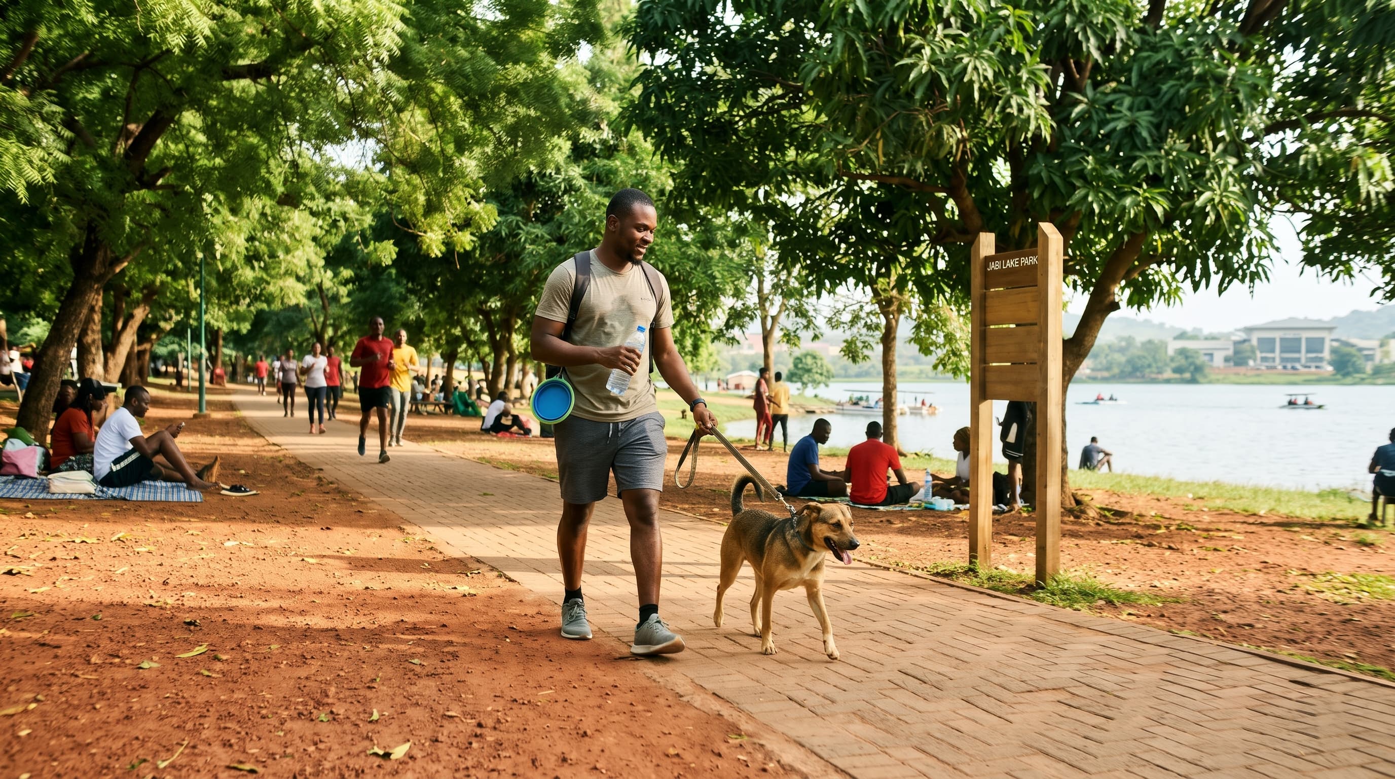 Man walking his leashed dog on a shaded path at Jabi Lake Park, one of the pet friendly parks and cafes in Abuja.