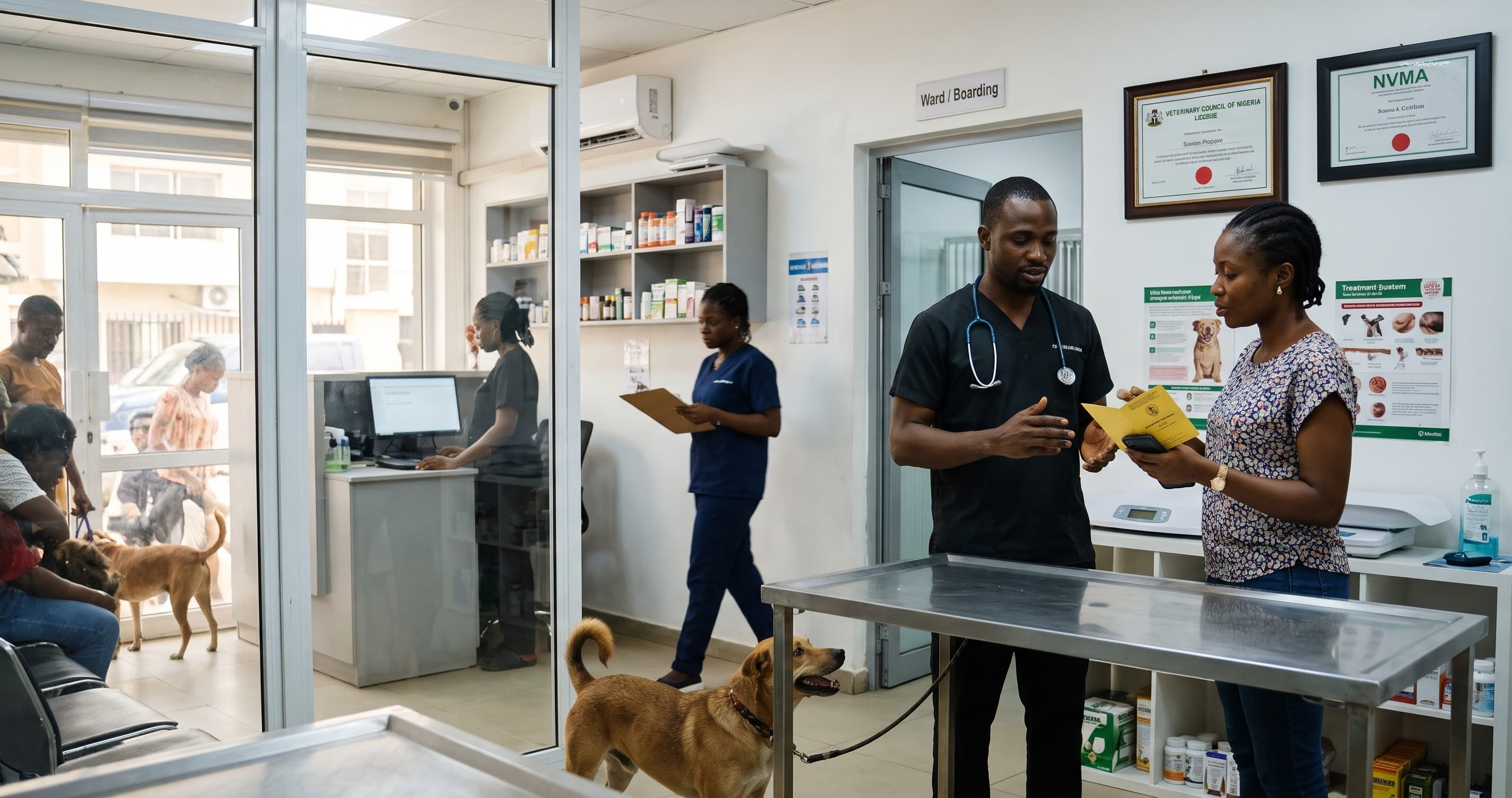 A pet parent learning how to verify a vet clinic in Nigeria by checking her dog's records, with VCN licenses on the wall.